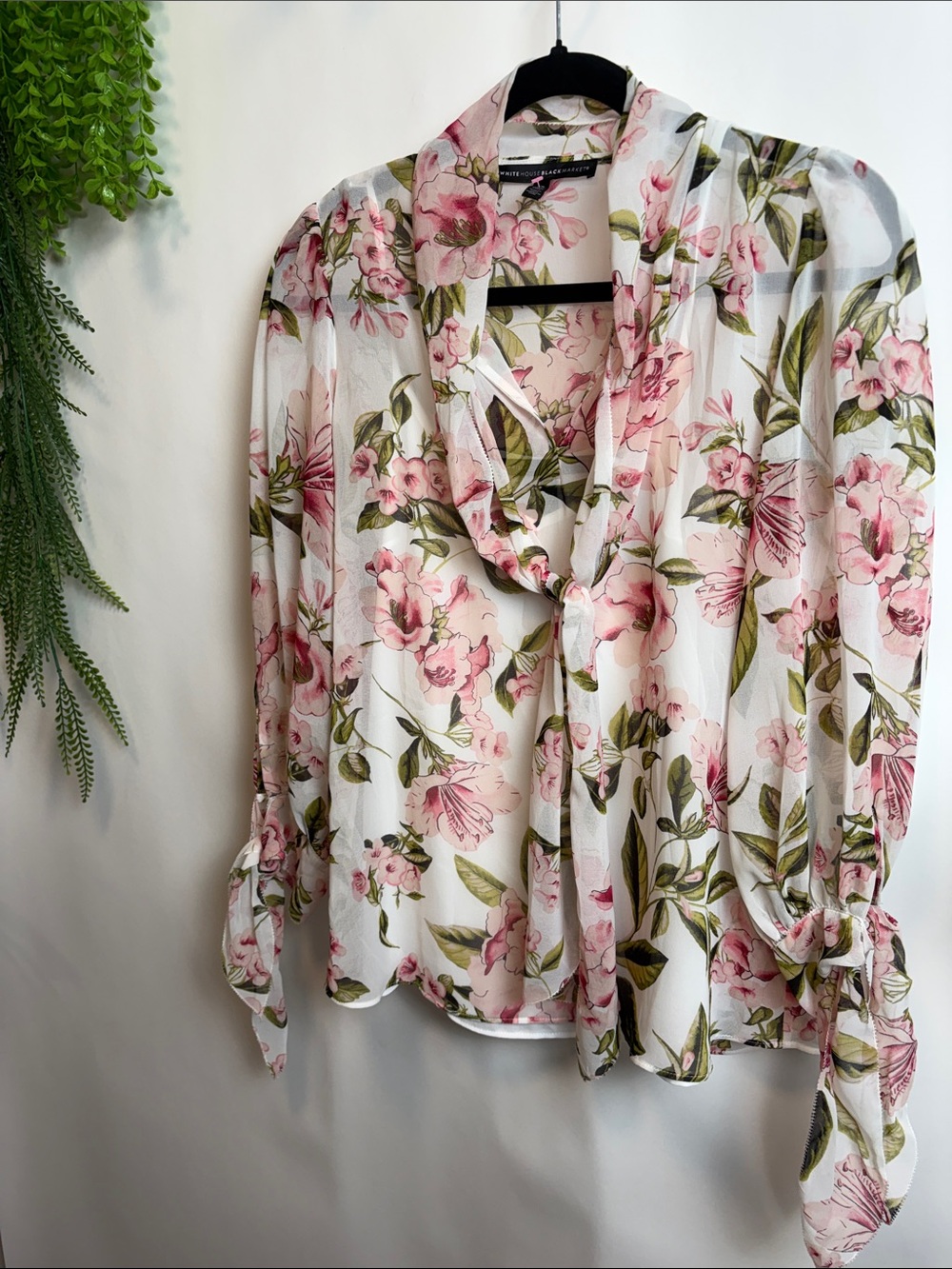 White House Black Market Pink Floral Tie-Neck Blouse on White
